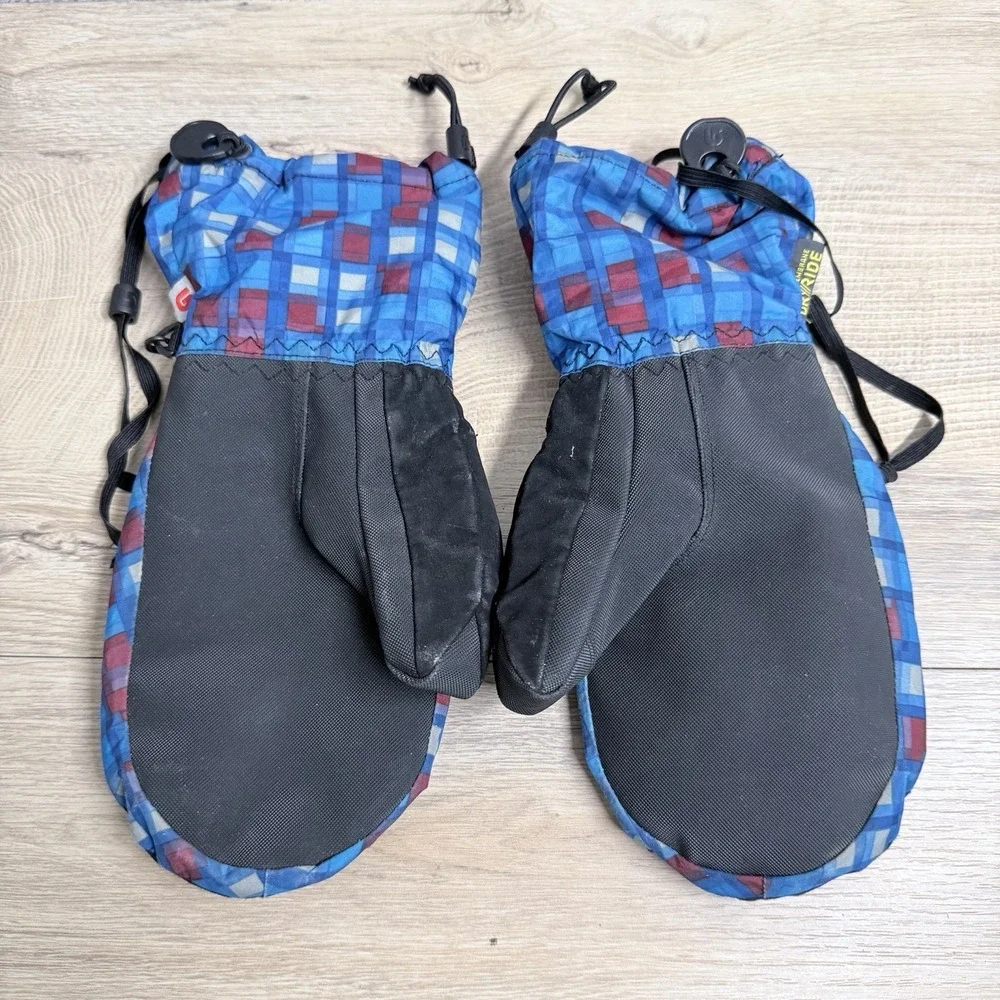 Burton Ski Mittens Size‎ L Blue Plaid Winter Snow Gloves Adjustable Strap Warmth